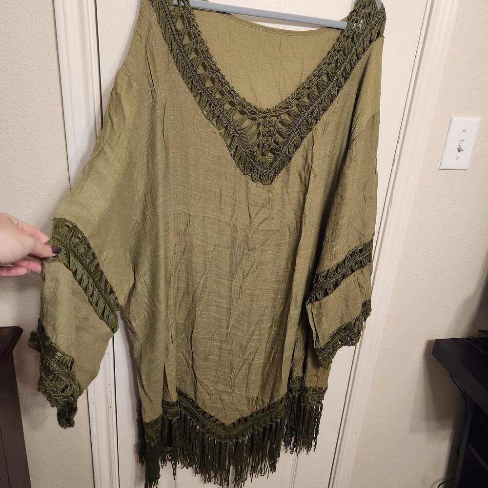 Olive Green Boho Crochet Fringe Hem Beach Cover-Up Poncho Top NWT